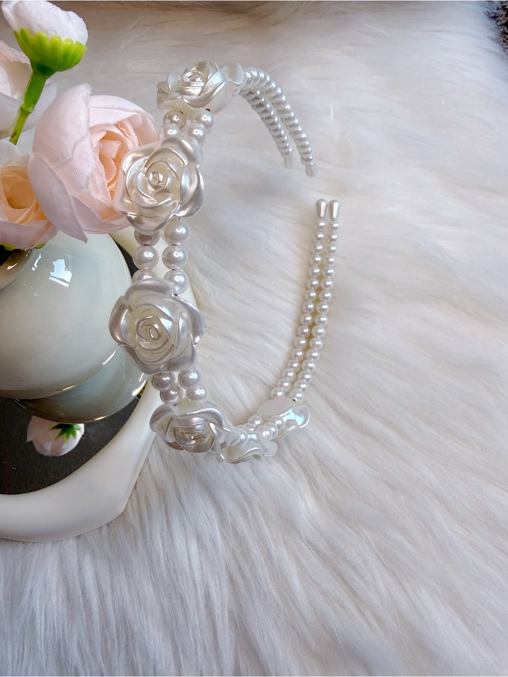 Camellia flower beaded headband faux pearl ivory white